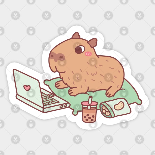 Cute Chilling Capybara With Laptop And Snacks Sticker by rustydoodle